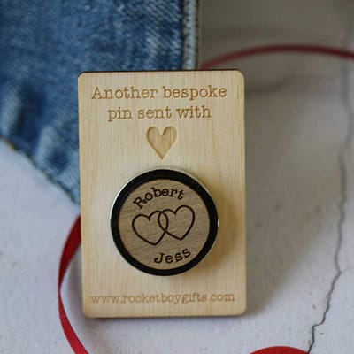 linked hearts and names pin badge