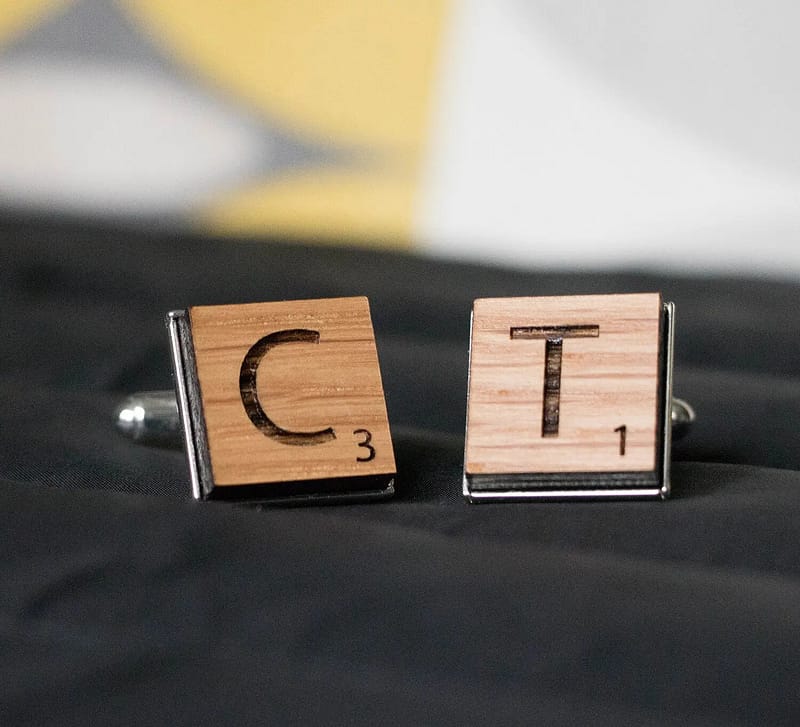 scrabble inspired oak engraved personalised cufflinks from rocketboy gifts