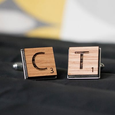 scrabble inspired oak engraved personalised cufflinks from rocketboy gifts